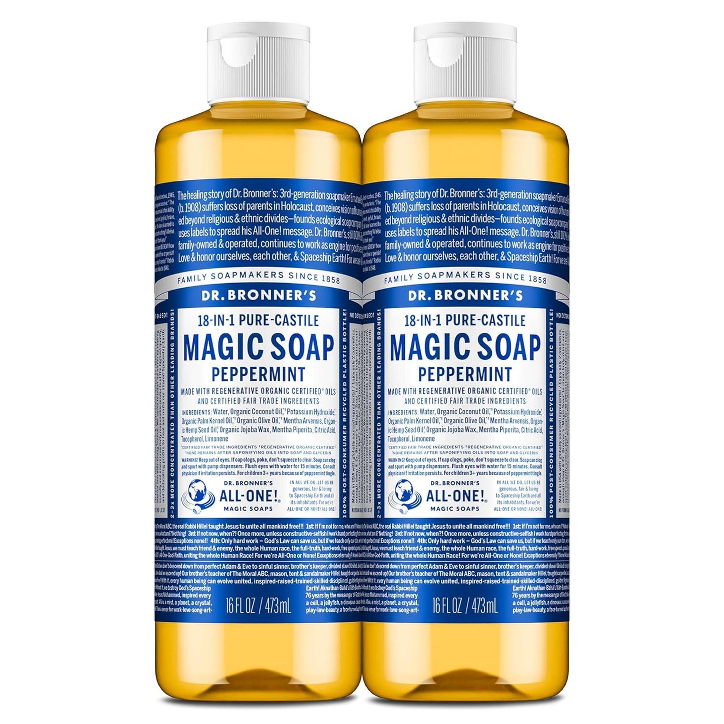 Dr. Bronner's Pure-Castile Soap | Peppermint Liquid, 1 Gallon – Eco-Friendly Hand & Body Wash