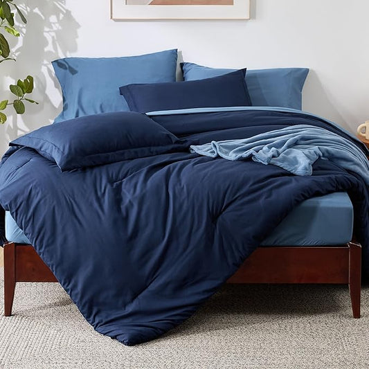 Bedsure Twin Comforter Set Navy Blue, 6 Pieces Prewashed Twin Size Bed in a Bag with Soft Fleece Bed Blanket, Down Alternative Bedding Set for All Seasons, Sheets, Pillowcase & Sham
