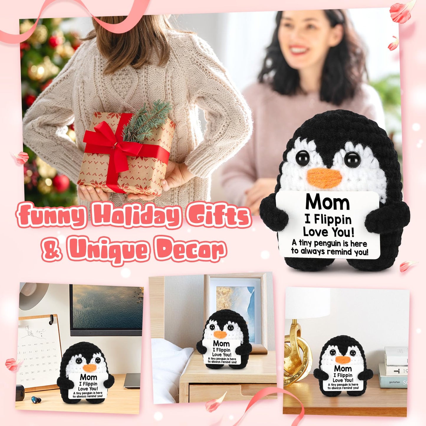 Positive Crochet Penguin, Mini Funny Brithday Galentines Valentines Gifts for Women Men Teens Boys Girls, Inspirational Appreciation Gifts for Coworker Friend Sister Her Him, Emotional Positive Decor