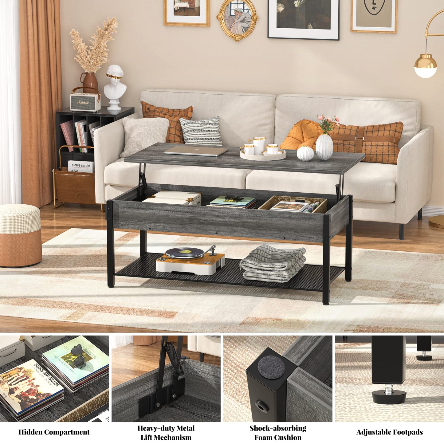 Homieasy Lift Top Coffee Table with Storage Shelf and Hidden Compartment, Modern Lift Top Table for Living Room, Wood Lift Tabletop, Metal Frame - Black Oak