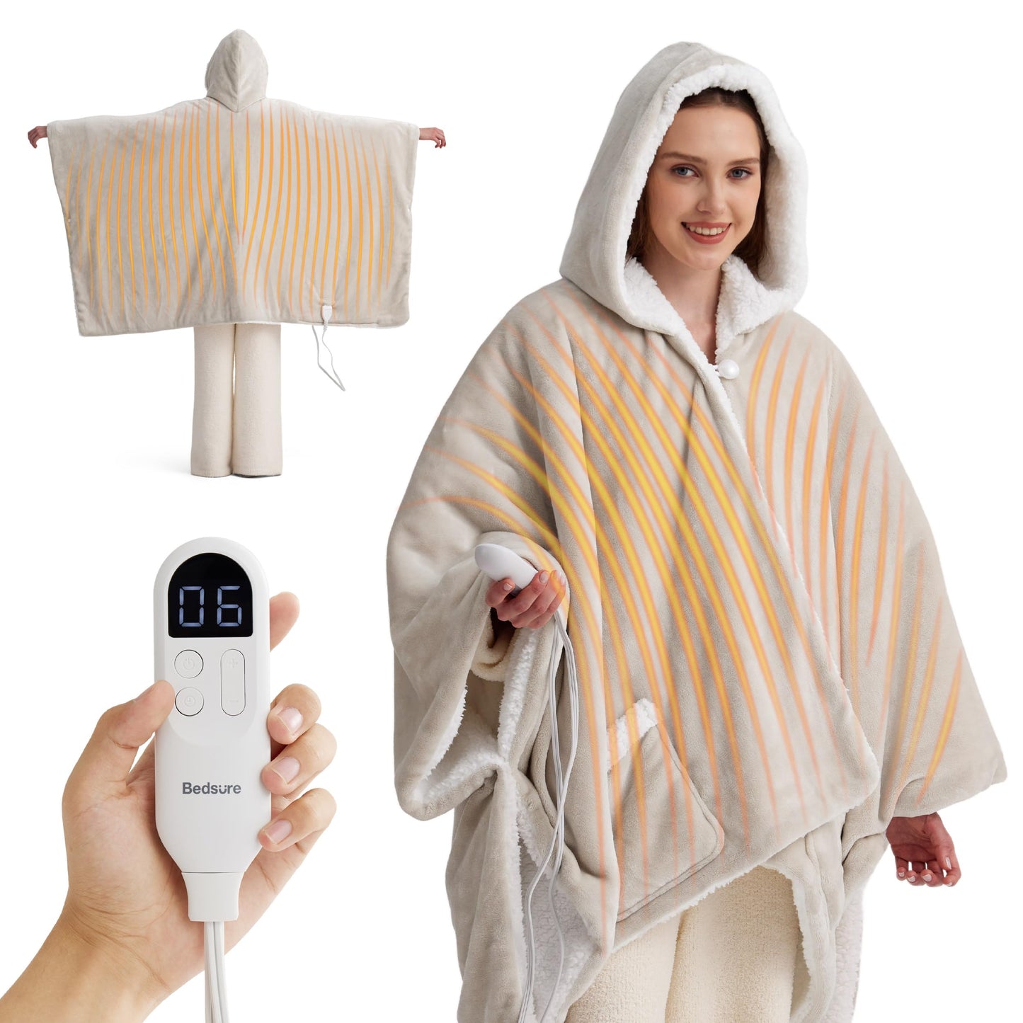 Bedsure Heated Blanket Wearable Shawl - Electric Wrap Poncho Blanket Hoodie for Adult, Birthday Gifts for Mom Women, Sherpa Heating Throw with 4 Time Settings & 6 Heat Settings, 55x64 inches, Grey
