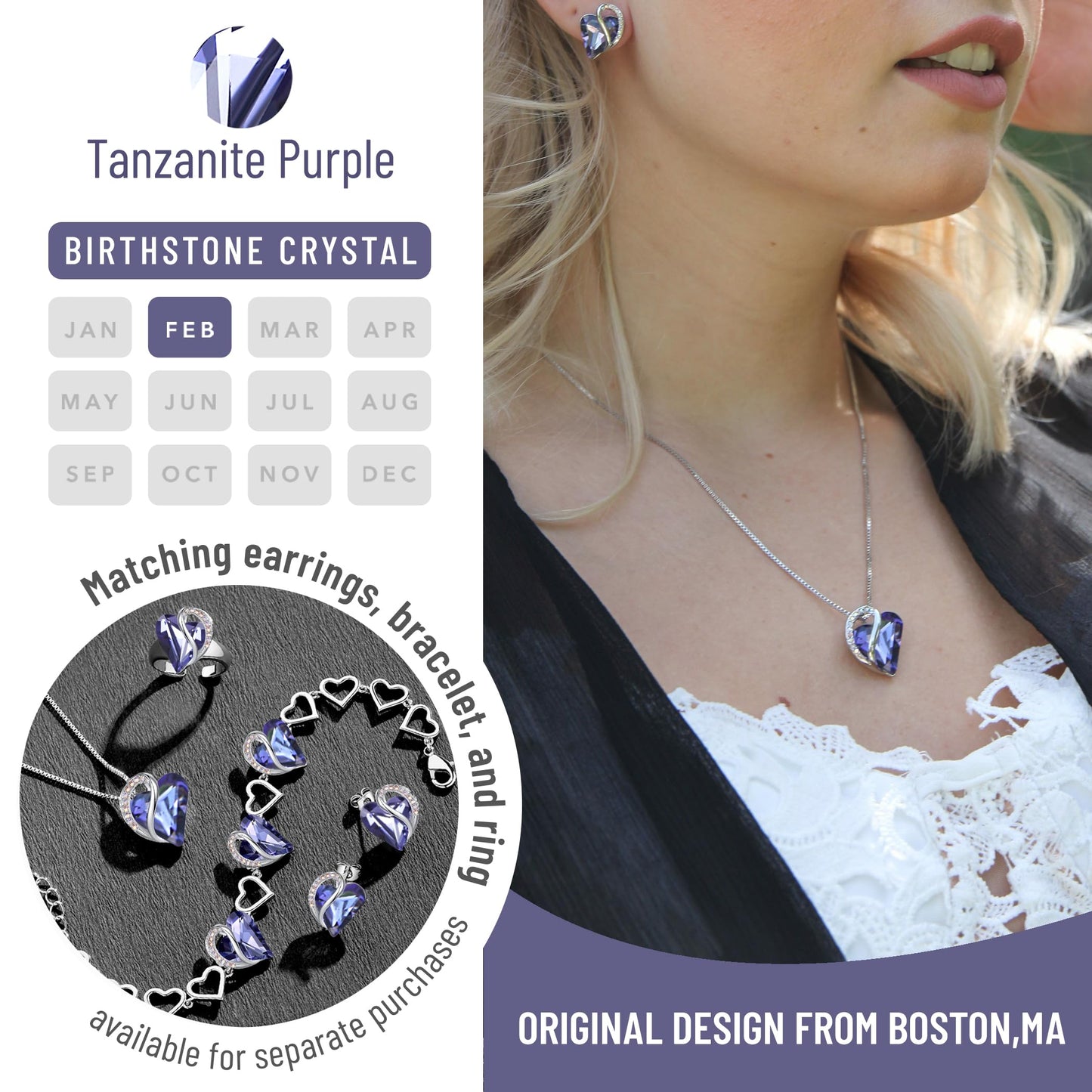 Leafael Valentine's Day Gift Necklaces for Women, Infinity Love Birthstone Heart Crystal Pendant, Birthday Anniversary Jewelry for Wife, Mom, and Her, Silver Plated, 18" + 2" Adjustable Chain
