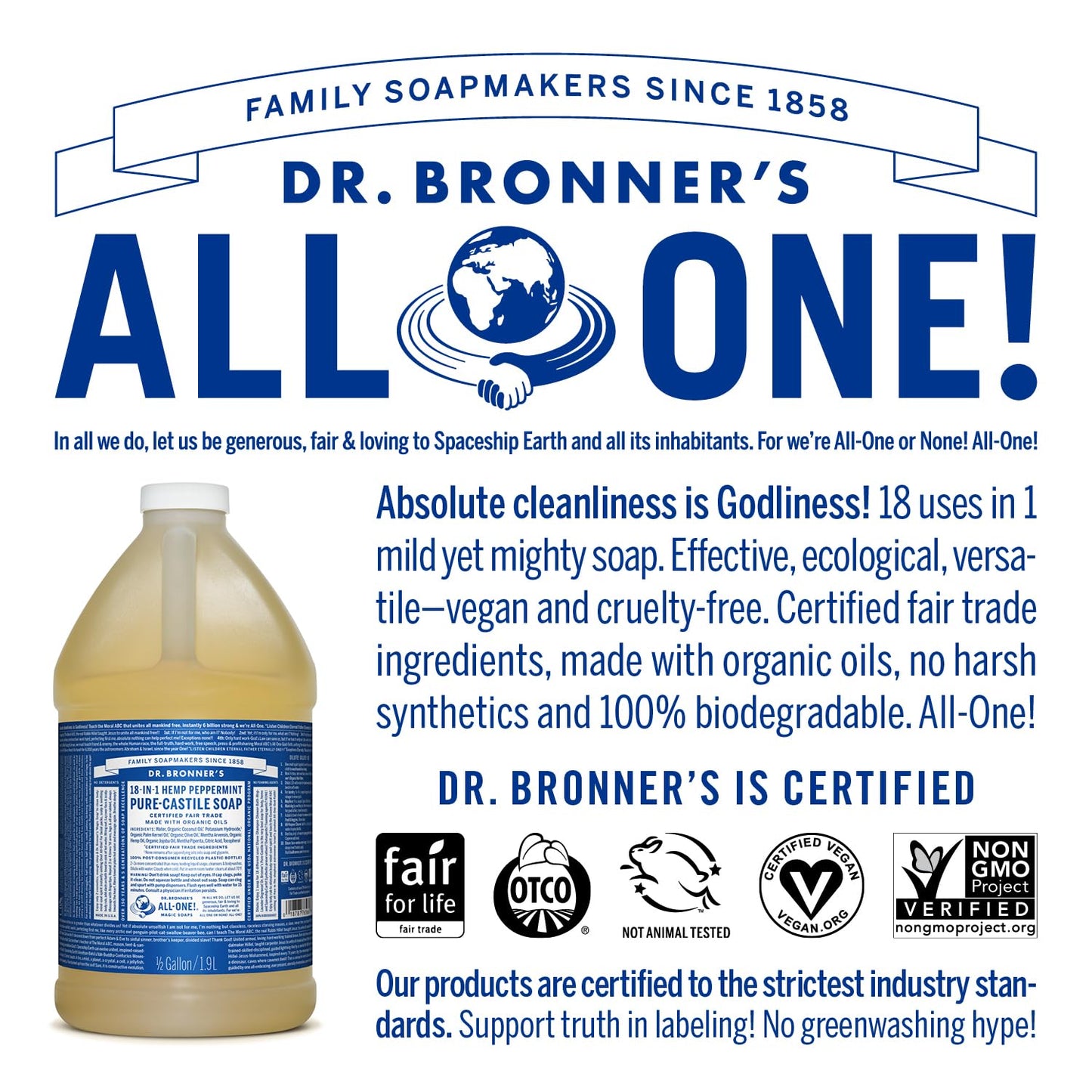 Dr. Bronner's Pure-Castile Soap | Peppermint Liquid, 1 Gallon – Eco-Friendly Hand & Body Wash