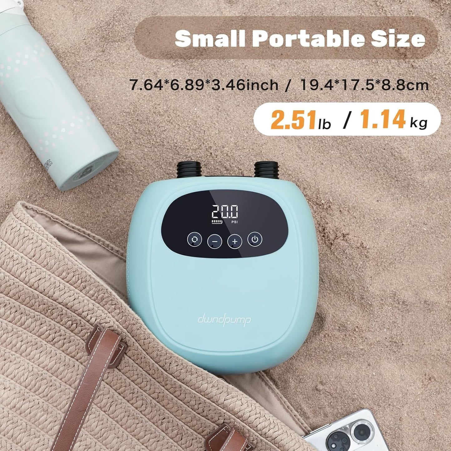 dwndpump Electric Paddle Board Pump, Rechargeable 20 PSI SUP Pump, Dual-Stage Inflation and Deflation Sup Air Pump, Portable Electric Pump for Kayaks, Wind Wings, SUPs (with 7 Valve Adapters)