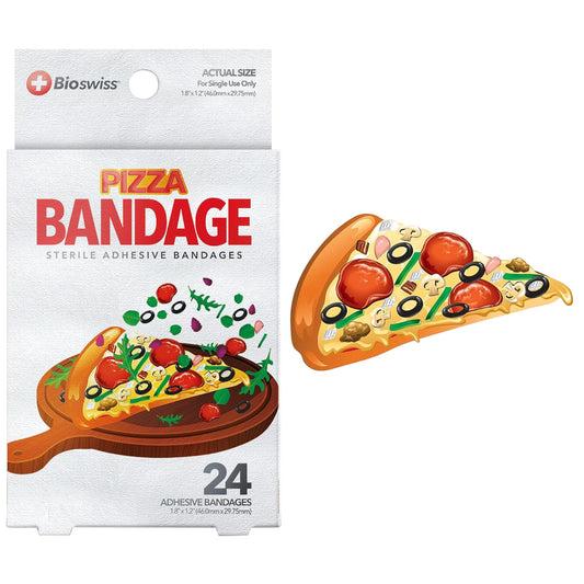 BioSwiss Bandages, Pizza Shaped Self Adhesive Bandages, Latex Free Sterile Wound Care, Fun First Aid Kit Supplies for Kids, 24 Count