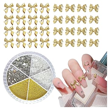 KWOLYKIM Bow Nail Charm, 3D Golden Metal Alloy Bow-Knot Art Accessories White Pearls Rhinestones Gold Caviar Beads Gem Jewelry Cute Ribbon Decoration Manicure DIY Craft