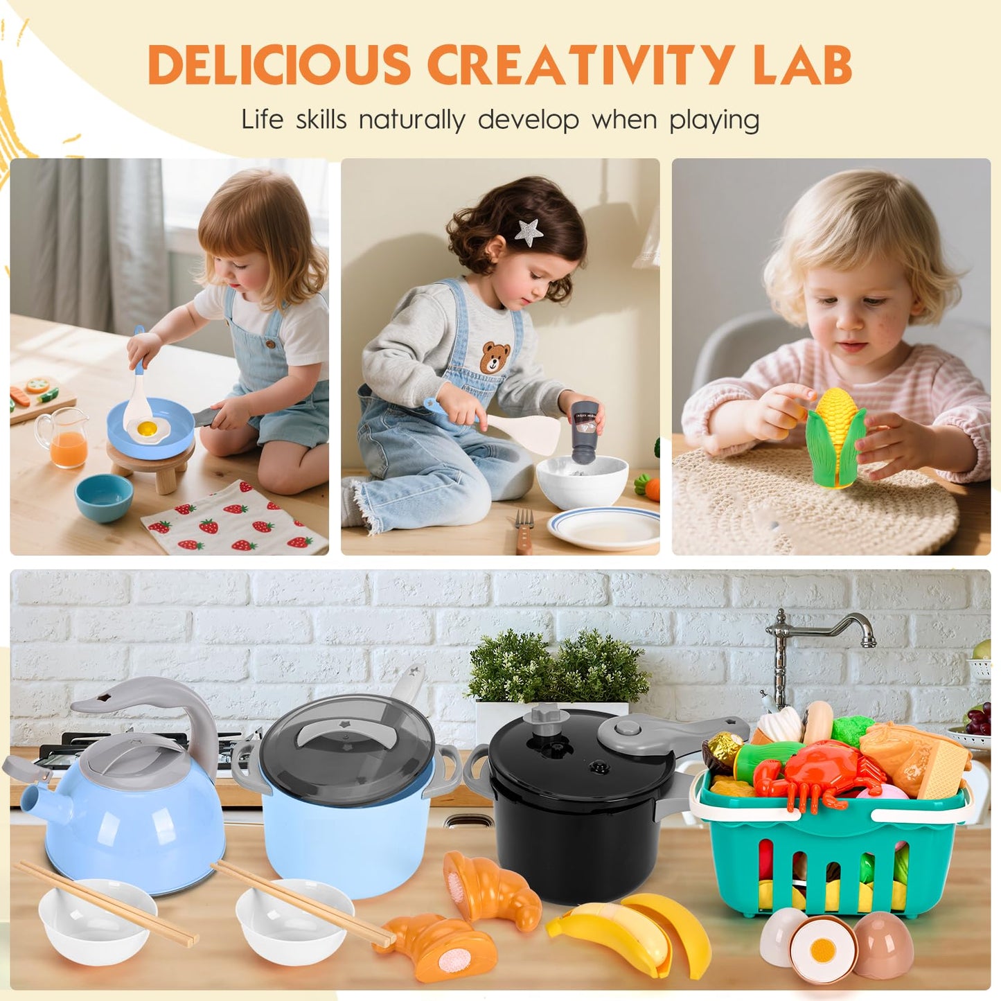 130Pcs Kitchen Playset, Toddler Pretend Cooking Play Pots, Pans, Utensils Cookware, Daily Food Fruit Veges, Shopping Storage Basket, Dessert, Prop Money, Learning Gift for Child (Blue)