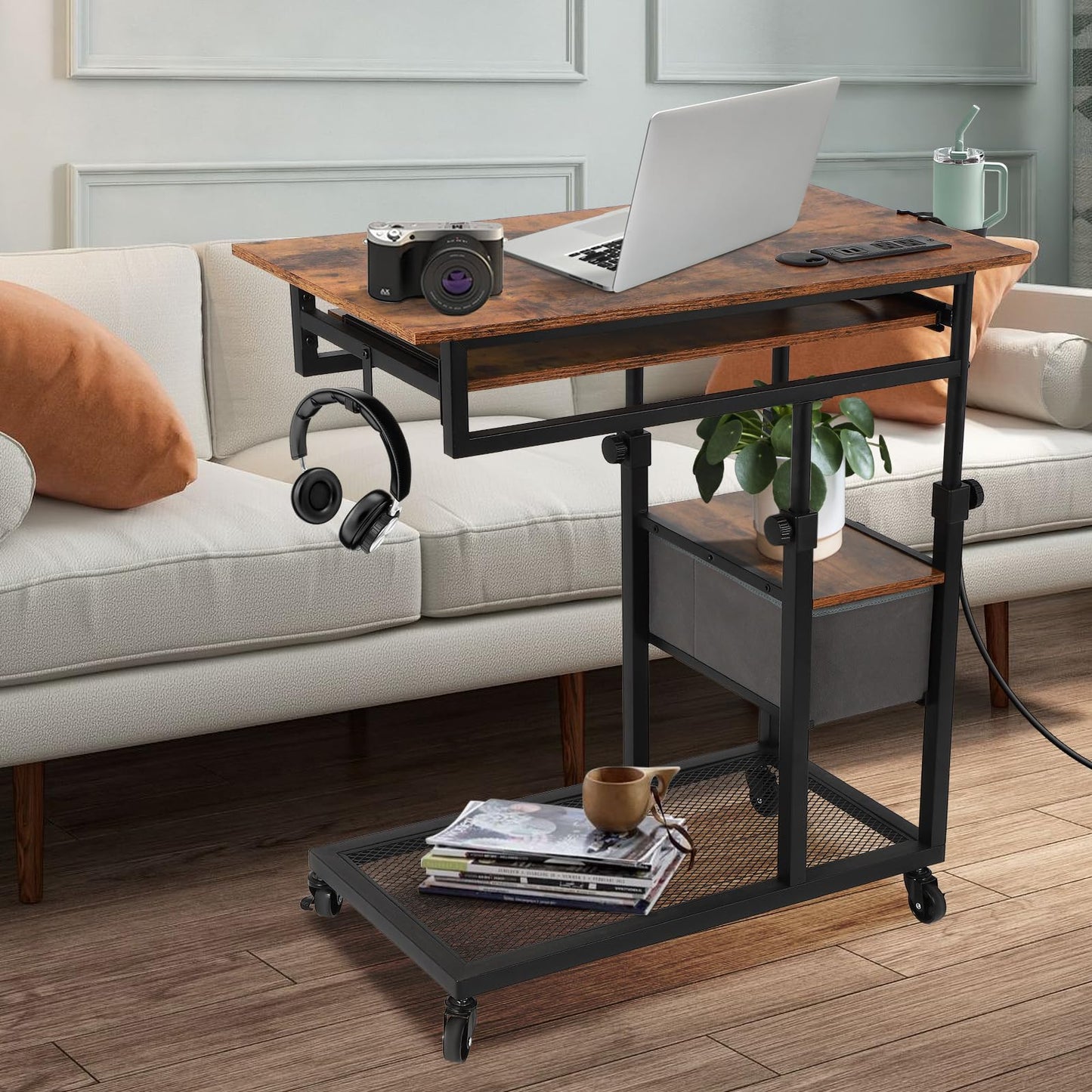 FAHKNS C Desk on Wheels, Height Adjustable Overbed Desk with Charging Station, Couch with Cup Holder, Hook, Drawers, C Shaped End Table for Couch, Over Bed, Living Room