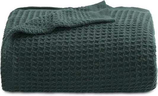 Bedsure 100% Cotton Blanket Twin XL Size for Bed - Breathable and Soft, Waffle Weave Blanket for Summer Spring, Dark Green, 66x90 inches