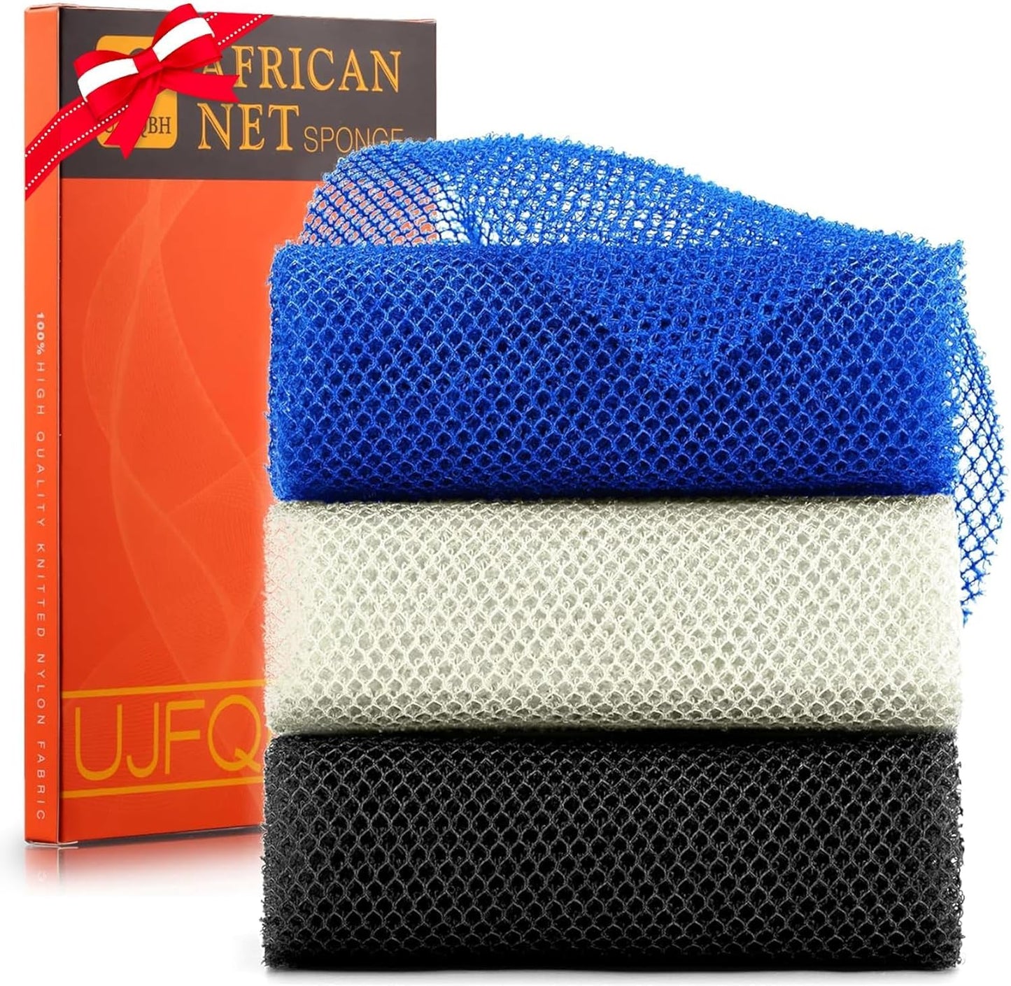 3-Piece African Net Bath Sponge Set | Exfoliating Body Scrubber | Black, Blue, Brown