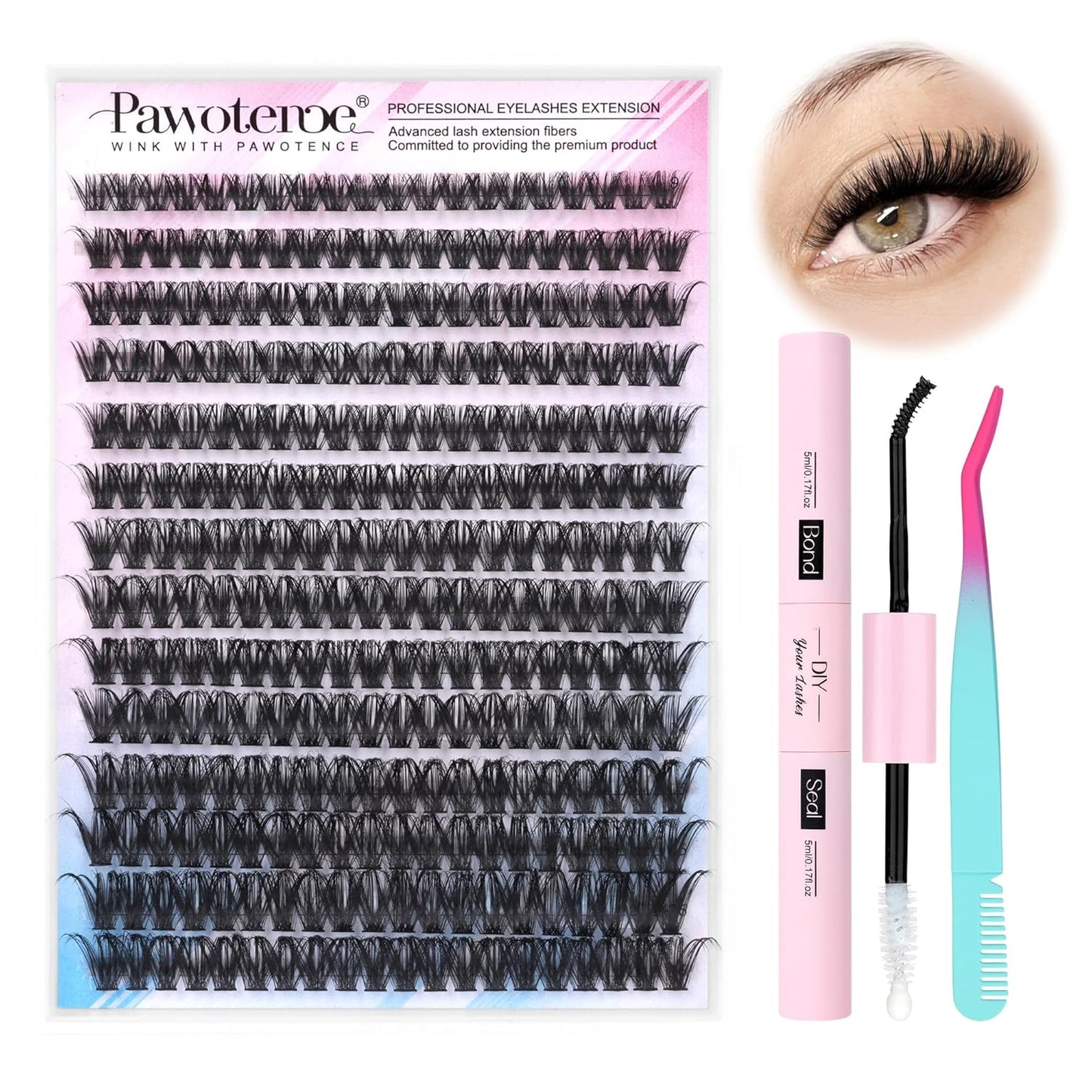 DIY Lash Extension Kit | 50D Individual Lash Clusters 9-16mm | Bond & Seal Included