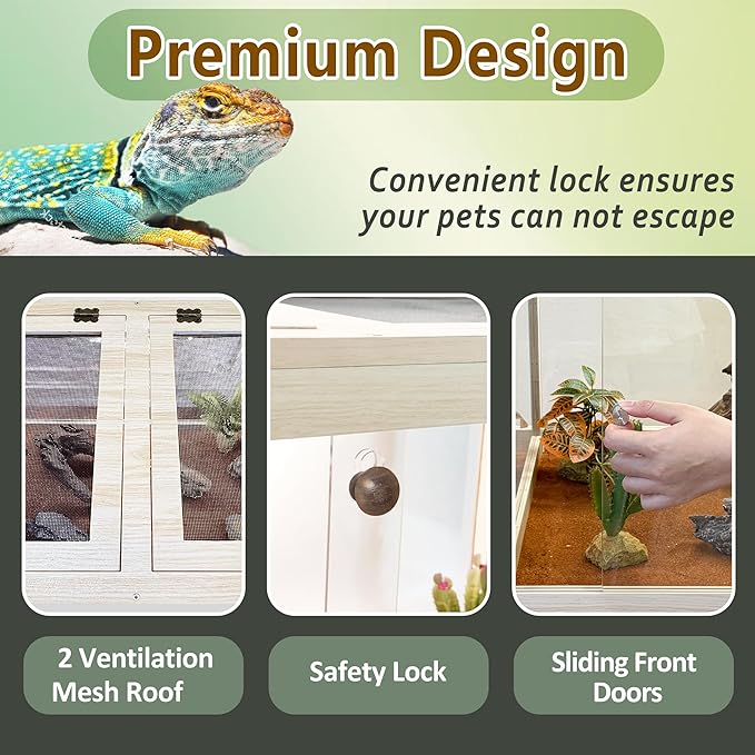 PROLEE Tempered Glass Reptile Enclosure with Leg,40“ Scratch-Proof Bearded Dragon Tank,62 Gallon Lizard Tank with Metal Mesh Tops and Lockable Door,Spacious Reptile Habitat for Snake,Lizard (Oak)