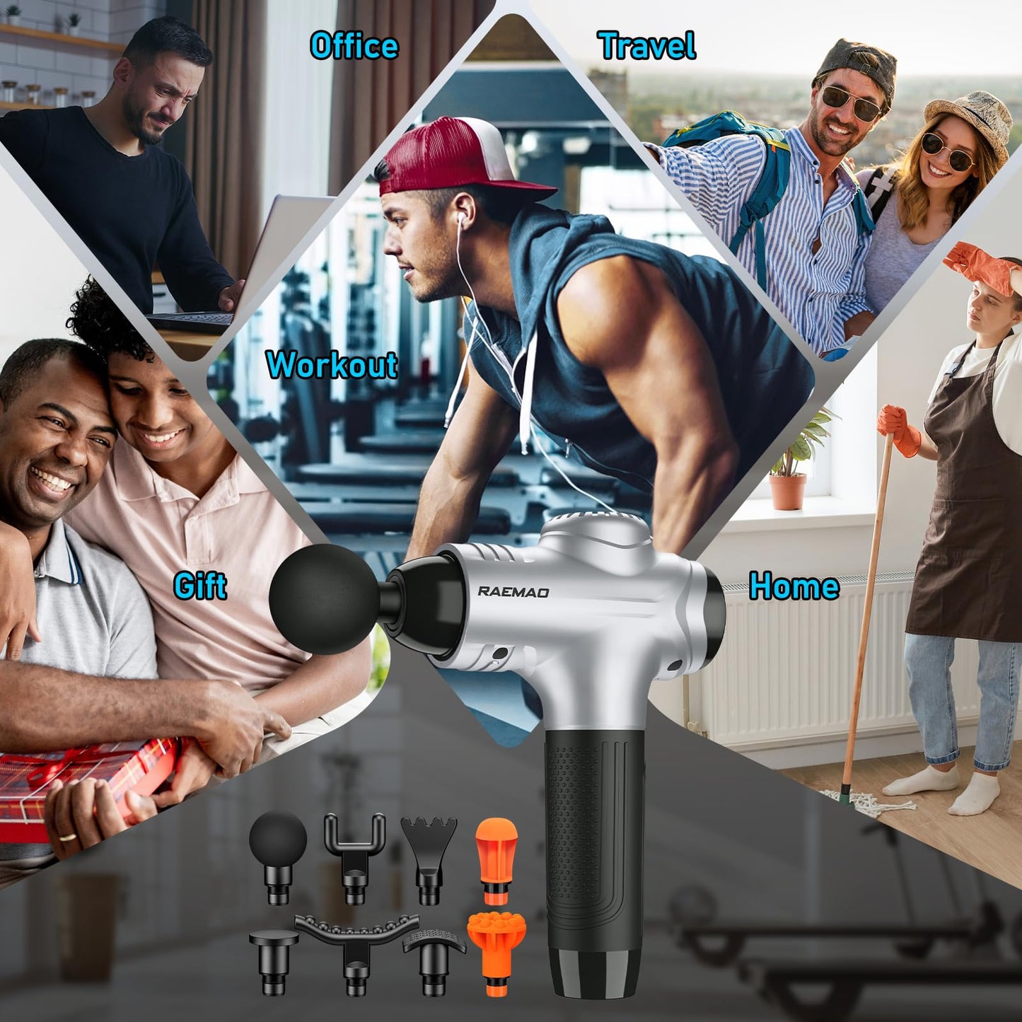 RAEMAO Massage Gun, Handheld Electric Deep Tissue Muscle Massager for Athletes for Pain Relief Attaching 8 Replacement Heads, Percussion Massager with 10 Speeds, Father's Day Gifts, Carbon