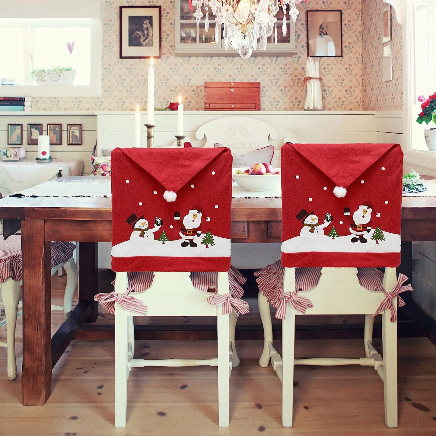 Phedrew 6Pcs Christmas Chair Covers Xmas Dining Chair Slipcovers Santa Hat Chair Back Covers for Christmas Banquet Holiday Festival Decor