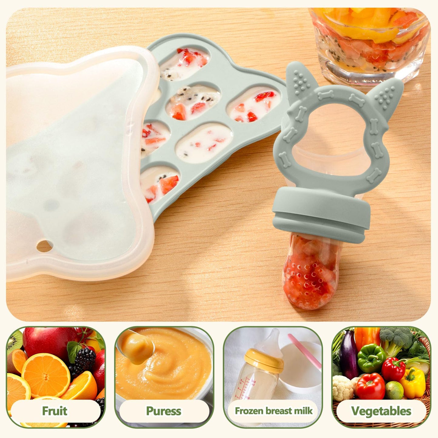 Baby Teething Relief Toys, Fruit/Food Feeder with Breastmilk Popsicle Molds & Teether Combo Food Grade Silicon for 6M+ Breastmilk Pops, Frozen Fruit, Teether Toys for Baby Gift(Green)