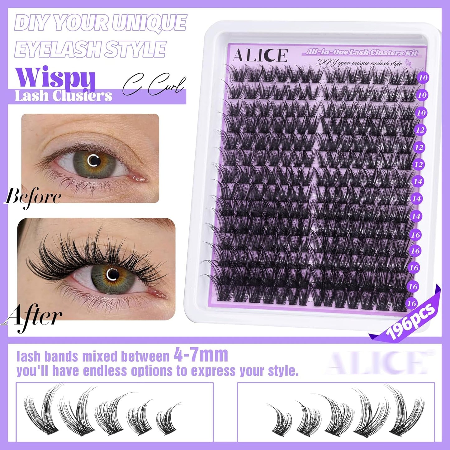 Natural Wispy Cluster Eyelash Extensions | Waterproof DIY Lashes | 224 Pcs