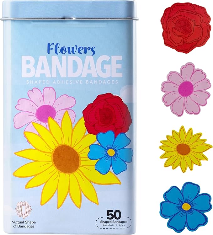 BioSwiss Bandages, Flowers Shaped Self Adhesive Bandage, Latex Free Sterile Wound Care, Fun First Aid Kit Supplies for Kids and Adults, 50 Count
