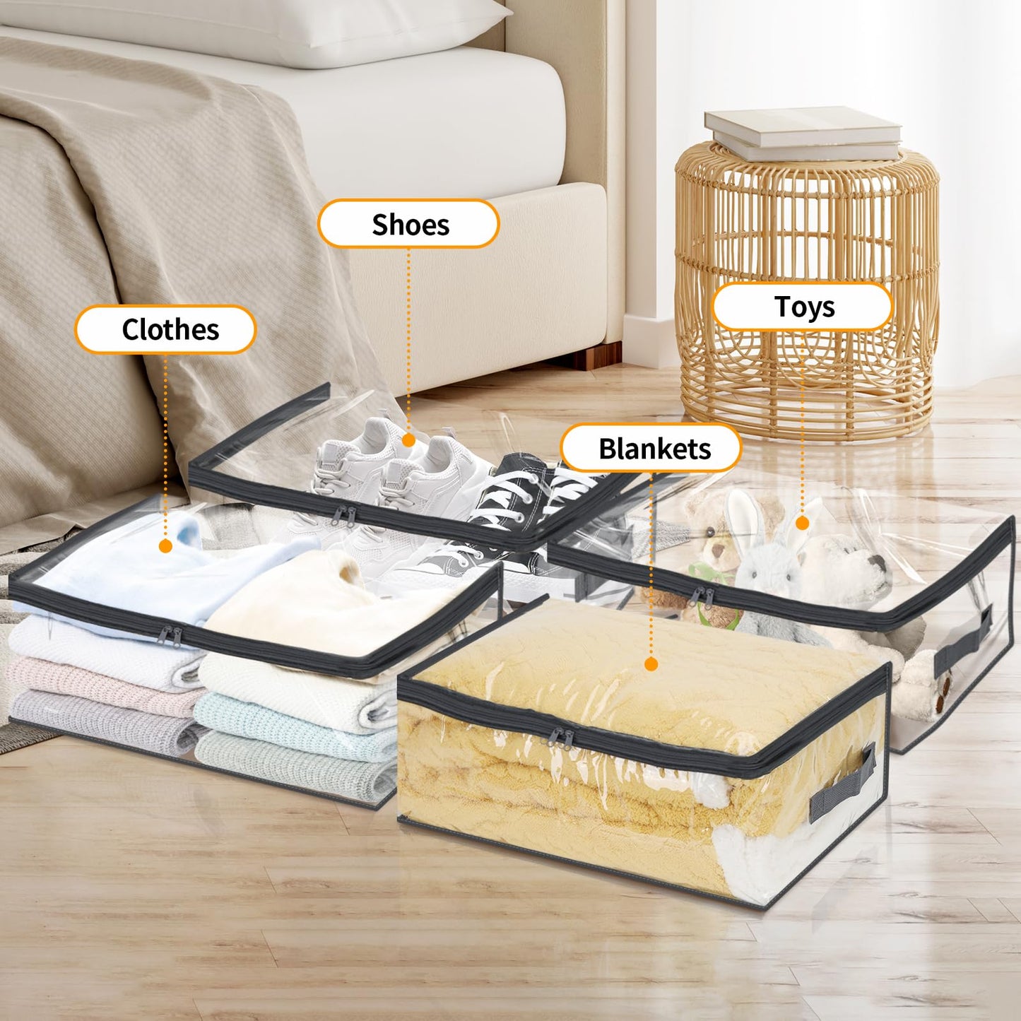 Fixwal 6pcs Clear Blanket Storage Bags with Zipper, Plastic Storage Bags for Closet Clothes Comforter Toys Sweaters Bedding, Bed Sheet Organizers (35L, 9.5 Gallons)