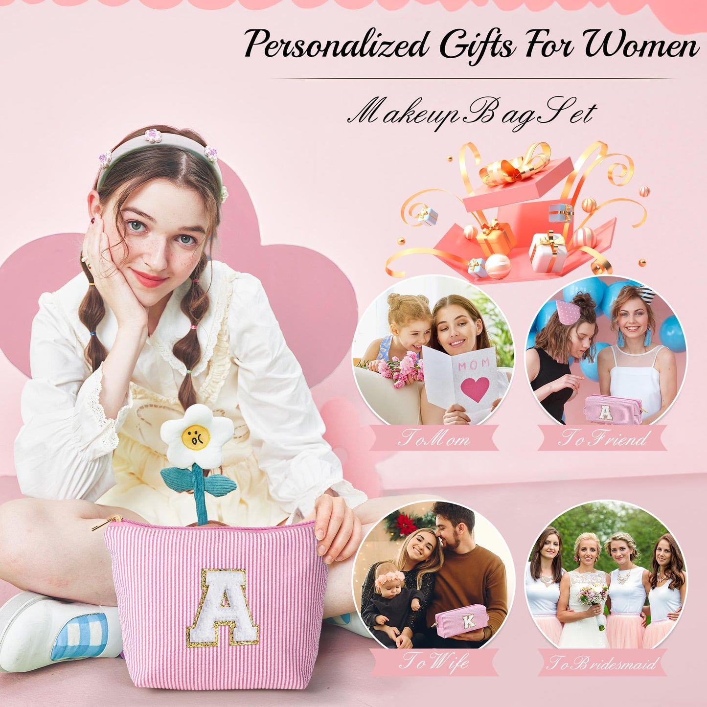 YOOLIFE Valentines Day Gifts for Kids Teen Girls Women | Initial Makeup Bag | Pink Cosmetic Bag Travel Bags | 11 12 13 14 15 16 Years Old Girl Gift Teacher Gift Teen Girl Gifts Trendy Stuff A
