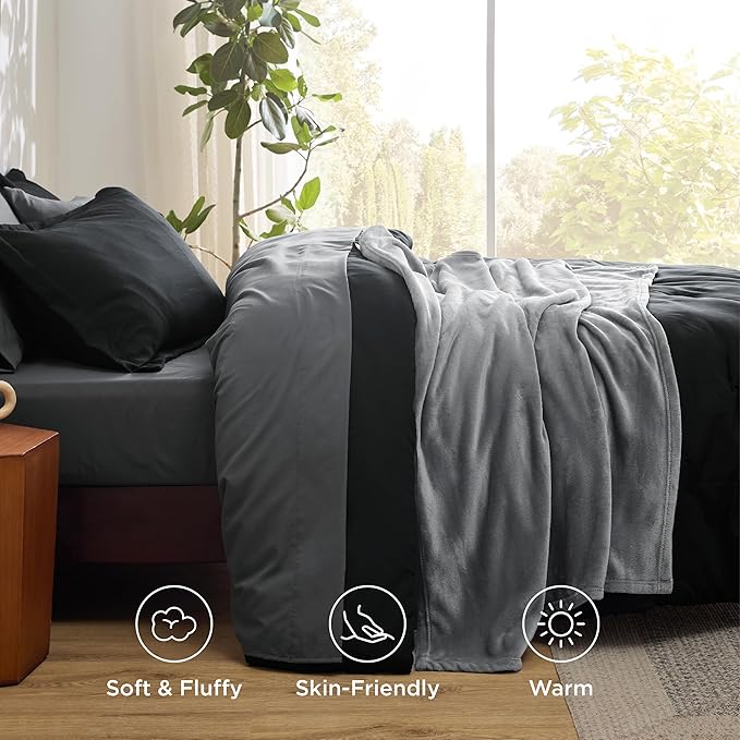 Bedsure King Comforter Set Black, 8 Pieces Prewashed King Size Bed in a Bag with Soft Fleece Bed Blanket, Down Alternative Bedding Set for All Seasons, Sheets, Pillowcases & Shams