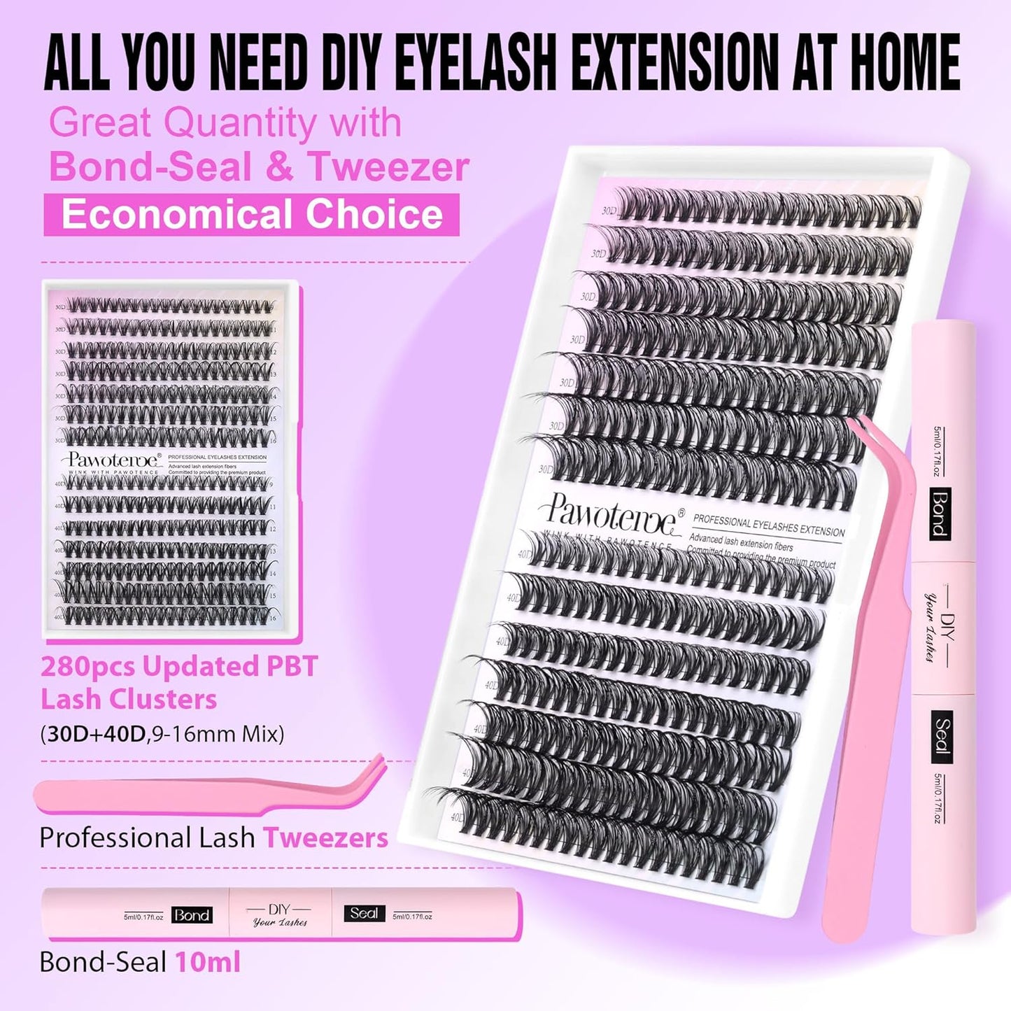 Pawotence DIY Lash Extension Kit | 280pcs 50D Individual Clusters 9-16mm