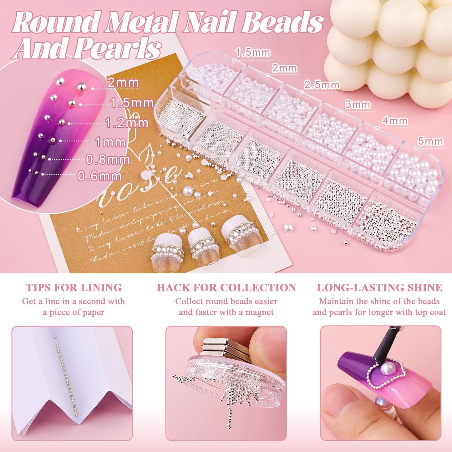 Flatback Pearls and Metal Nail Beads With Rhinestones Glue Gel for Art, Charms and Round Caviar Beads Accessories for Acrylic Tips Manicure Decor (White, Silver+Gold)