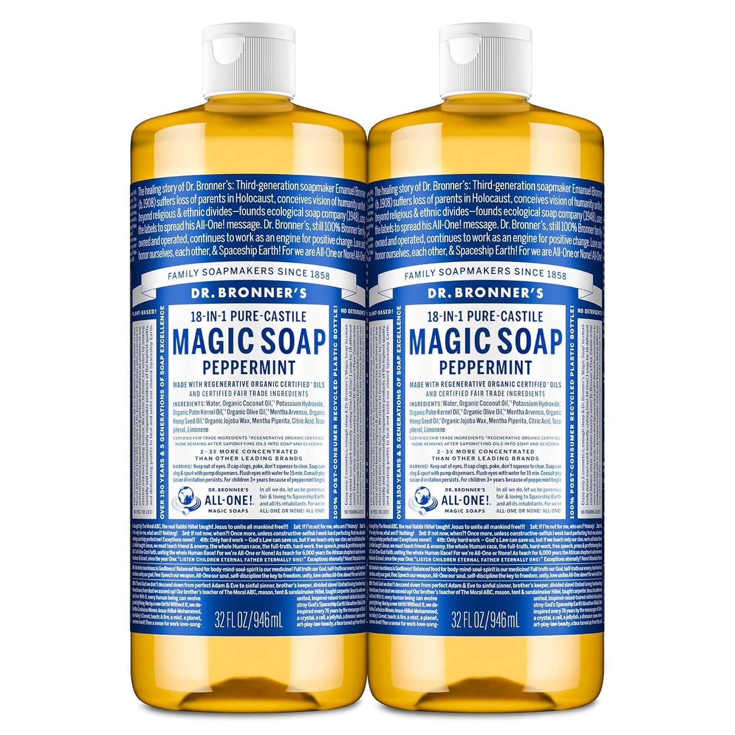 Dr. Bronner's Peppermint Pure-Castile Soap | 8 Oz Organic Liquid | Vegan & Multi-Use