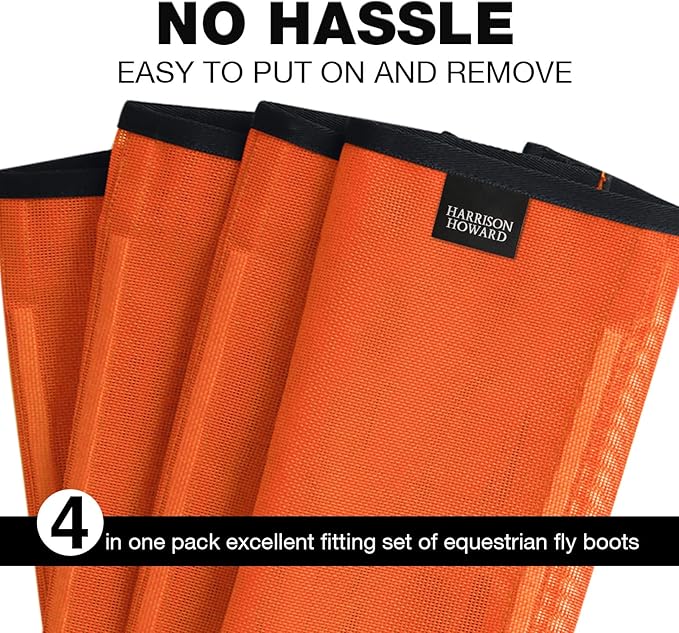 Harrison Howard Loose Fitting Fly Boots UV-Protective Extra Tough Mesh Ventilated Four Fasteners Stay-on Design Protect Horse Legs & Stomp-Reducing Set of 4 Orange Mini