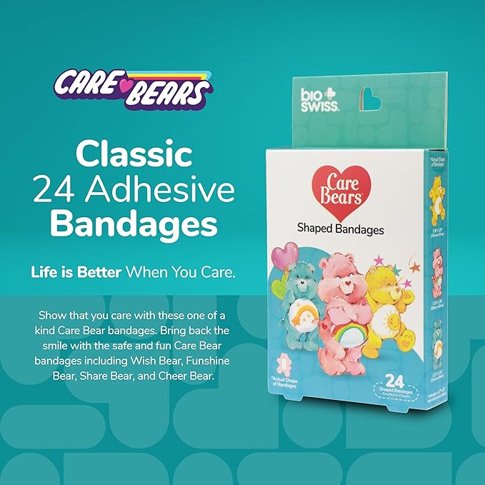 BioSwiss Care Bears Bandages, Classic Care Bear Shaped Self Adhesive Bandage, Latex Free Sterile Wound Care, Fun First Aid Kit Supplies for Kids, 24 Count