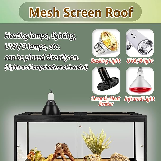 PROLEE Bearded Dragon Tank,28 Gallon Tempered Glass Reptile Tank with Mesh Roof and Front Sliding Door, Anti-Scratch Lizard Tank,Spacious Reptile Enclosure for Snakes,Lguanas, Chameleons(Black)