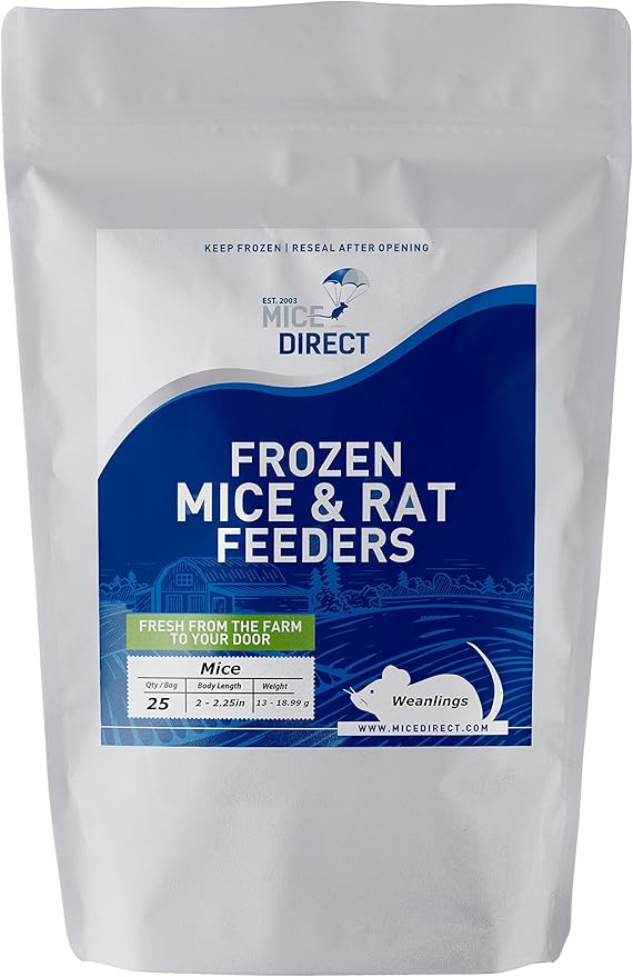 MiceDirect EST. 2003 25 Frozen Mice Weanling Feeders Snake Food for Juvenile Red Tail Boas Ball Python Adult Milk Snakes Corn Sand Boa (2-2.5 in) (325 Grams Min)