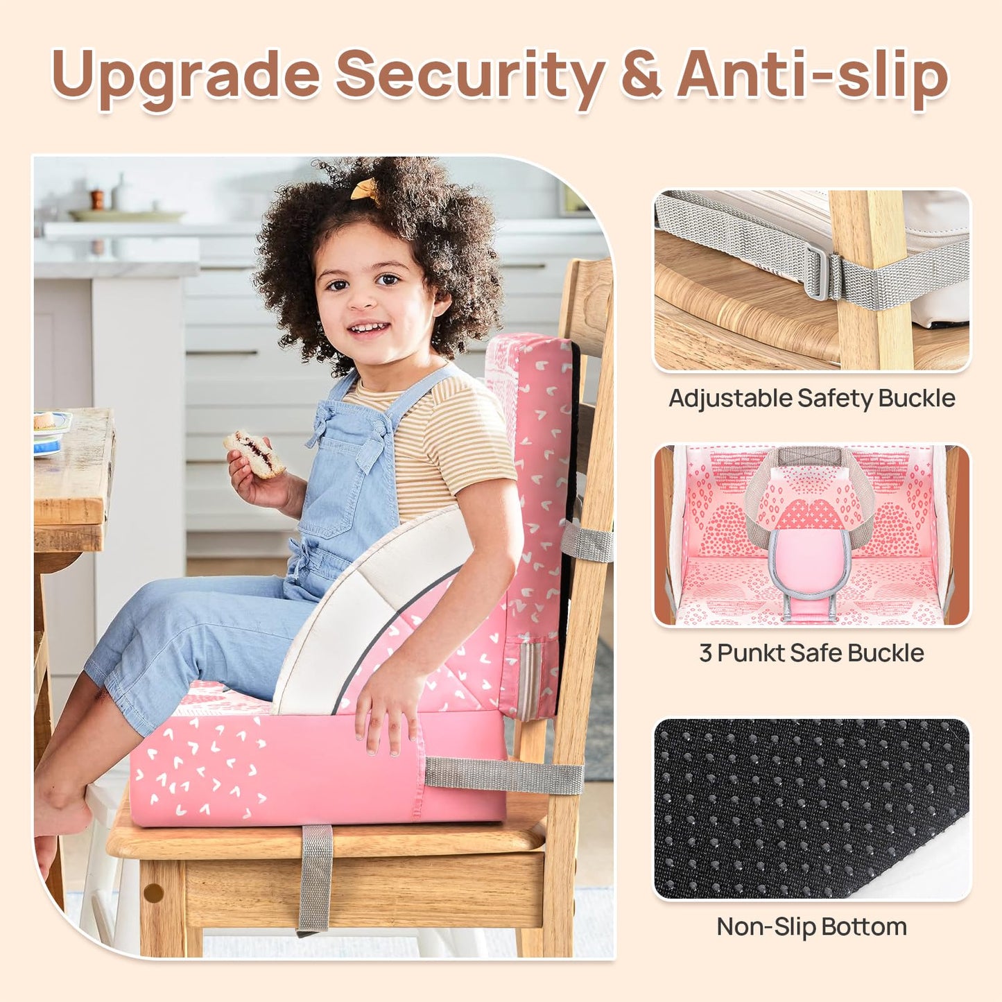 Toddler Booster Seat for Dining Table, Portable Booster Seat for Table, Adjustable Pink Cushion with Creative Design, Washable Seat Pad, Easy to Clean