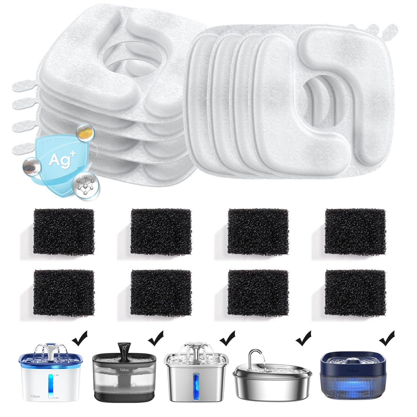 Veken Cat Water Fountain Filters, 8 Pack Replacement Filters & 8 Pack Replacement Pre-Filter Sponges Set for 50oz, 84oz, 95oz Automatic Pet Fountain Dog Water Dispenser