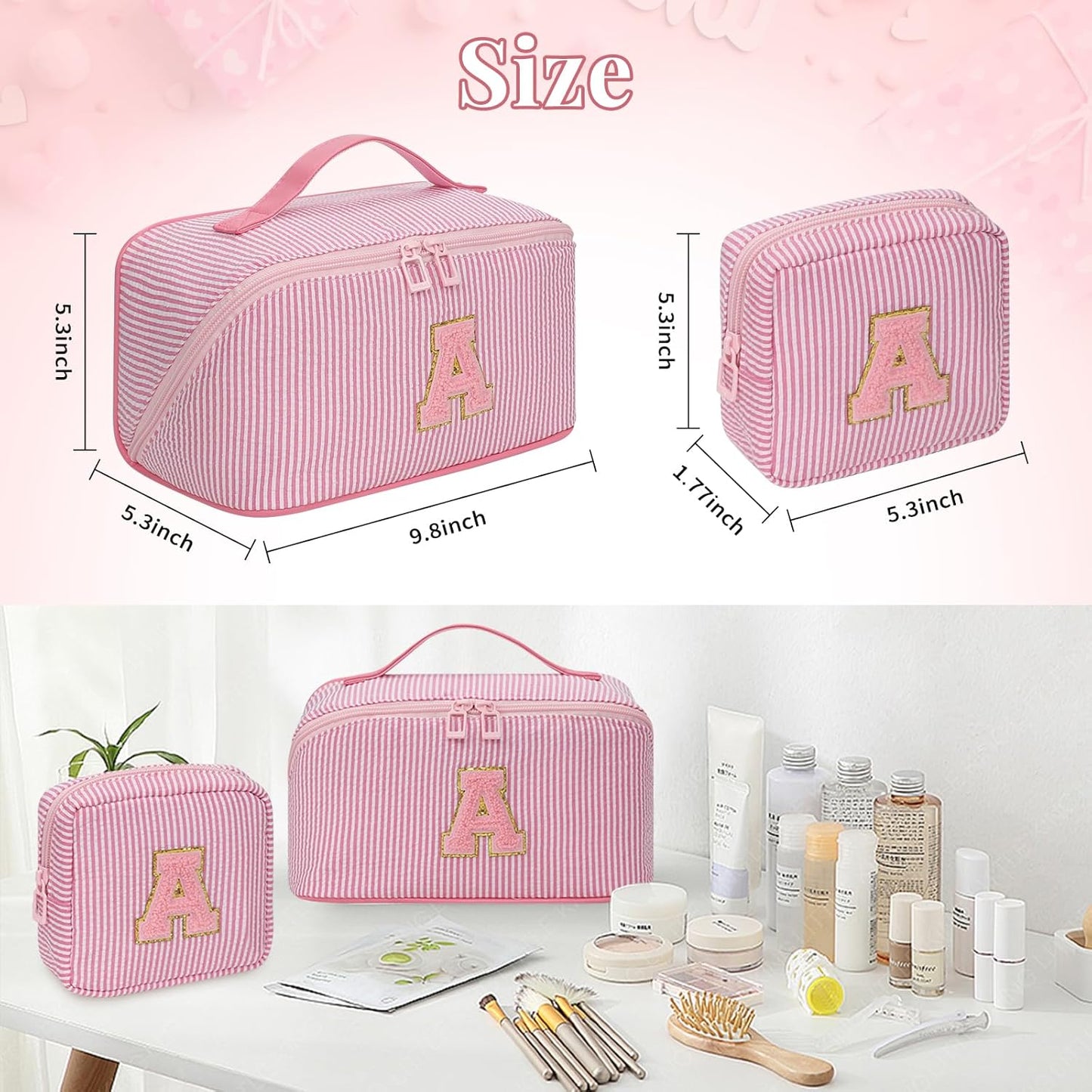Travel Makeup Bag for Women, 2Pcs Portable Personalized Initial Makeup Organizer Bag, Open Flat Large Cosmetic Bag With Travel Essential Pouch (Pink Letter B)