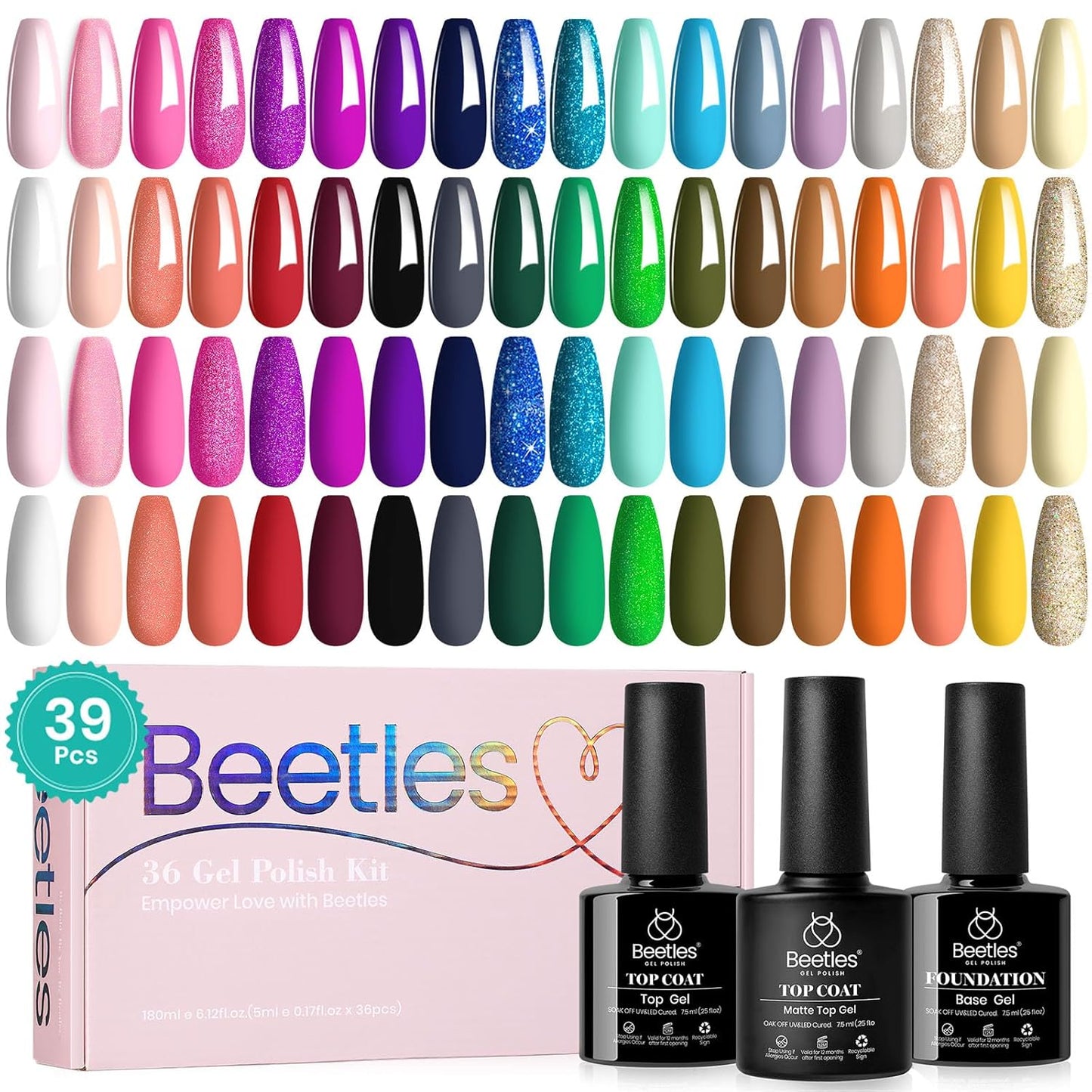 Beetles 36-Color Gel Nail Polish Set | Sparkle & Glitter | Manicure Kit for Women