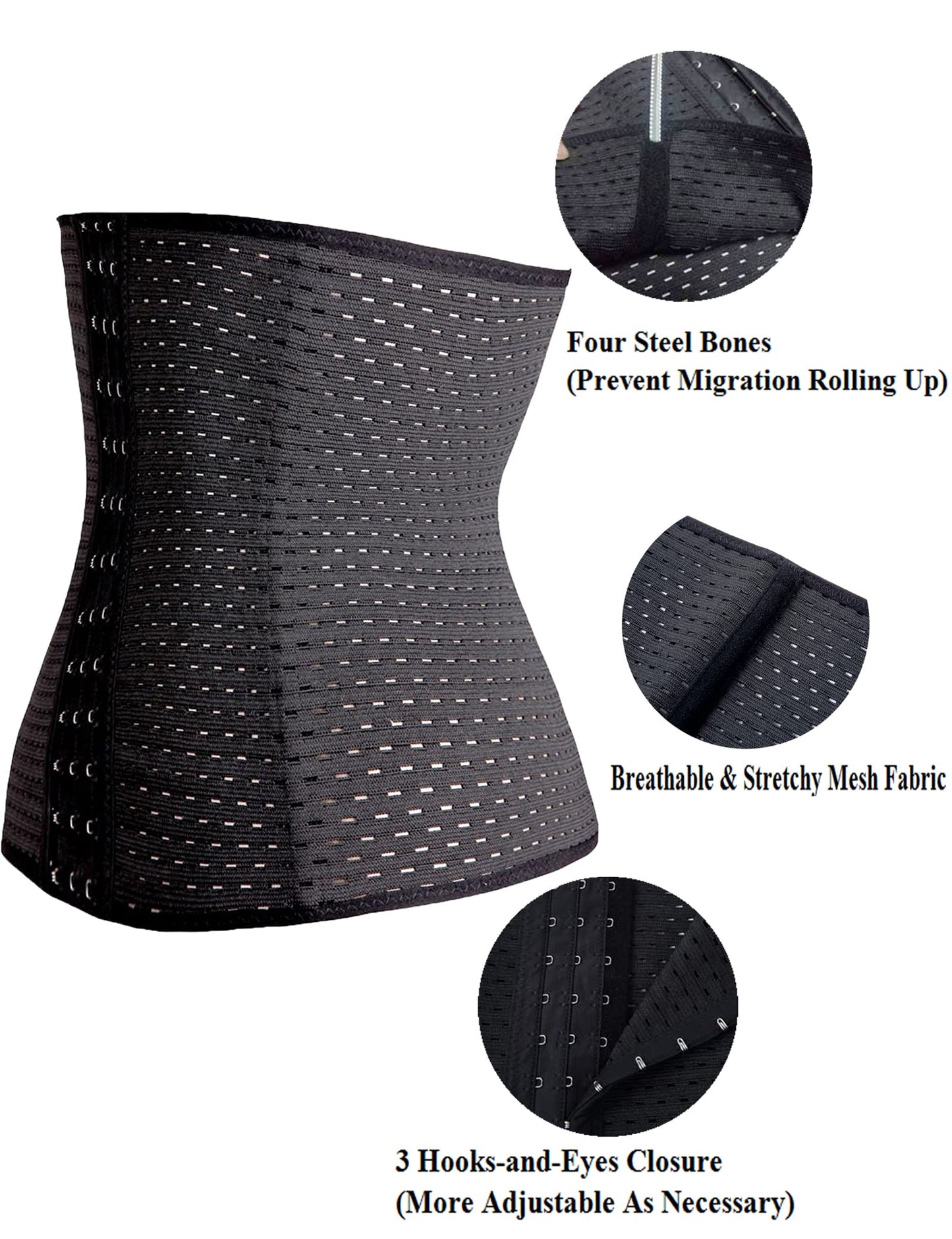 Youloveit Women's Waist Trainer Corset for Everyday Wear Steel Boned Tummy Control Body Shaper with Adjustable Hooks(Black,S)