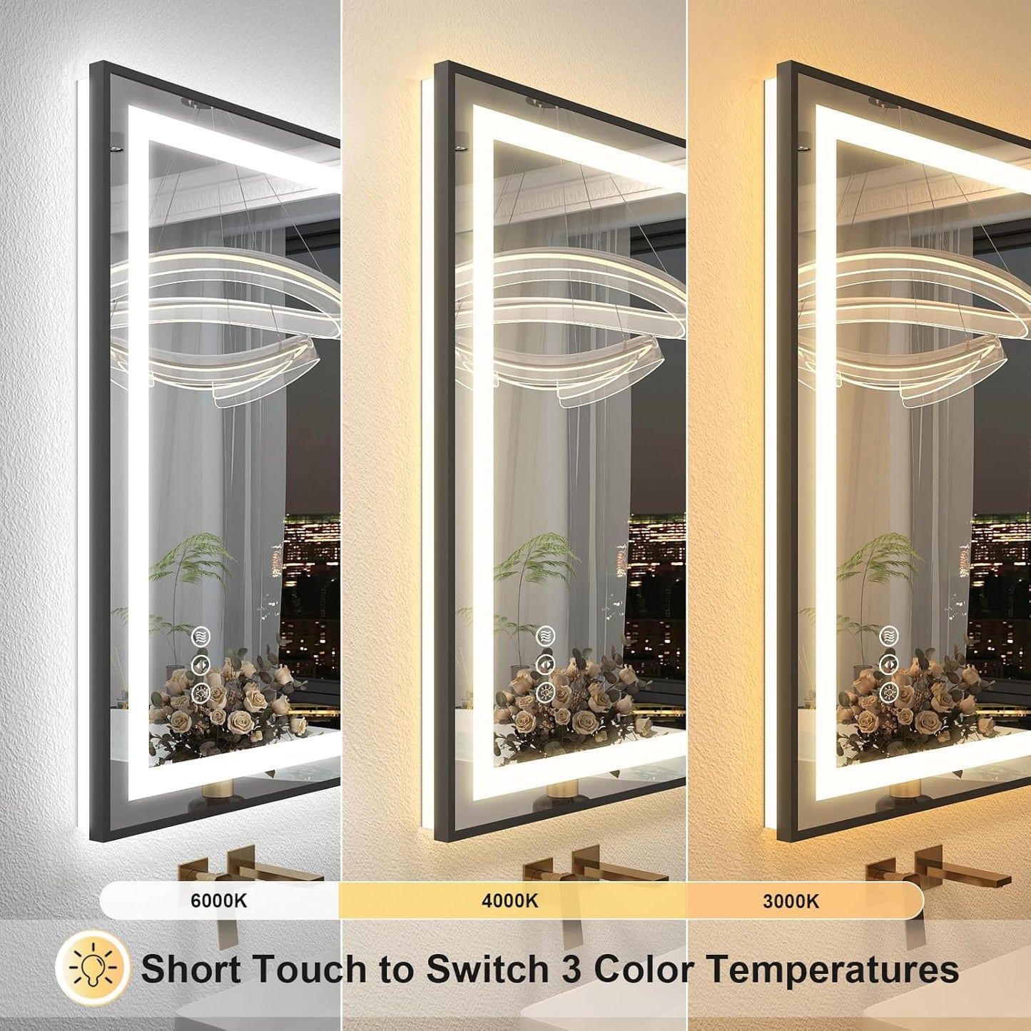 OKPAL 72x36 LED Bathroom Mirror, Lighted Bathroom Mirrors with Black Frame, Large Lighted Vanity Mirror, Dimmable, Anti-Fog, Memory, Shatterproof, Front and Backlit
