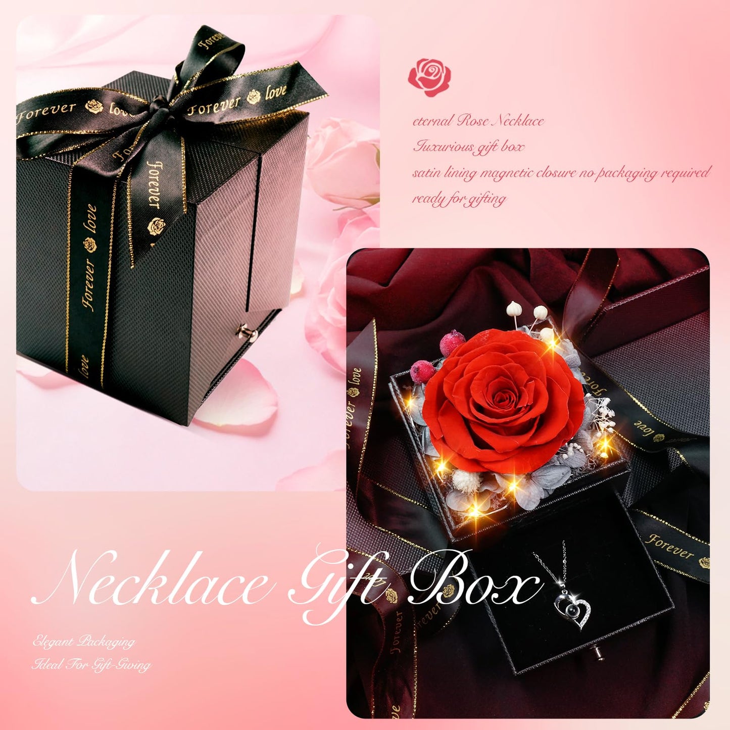 cdco Valentines Day Gifts for Her Women Girlfriend Wife Fiancée - Preserved Real Rose with Heart Necklace “I Love You” in 100 Languages, Valentine's Forever Flowers