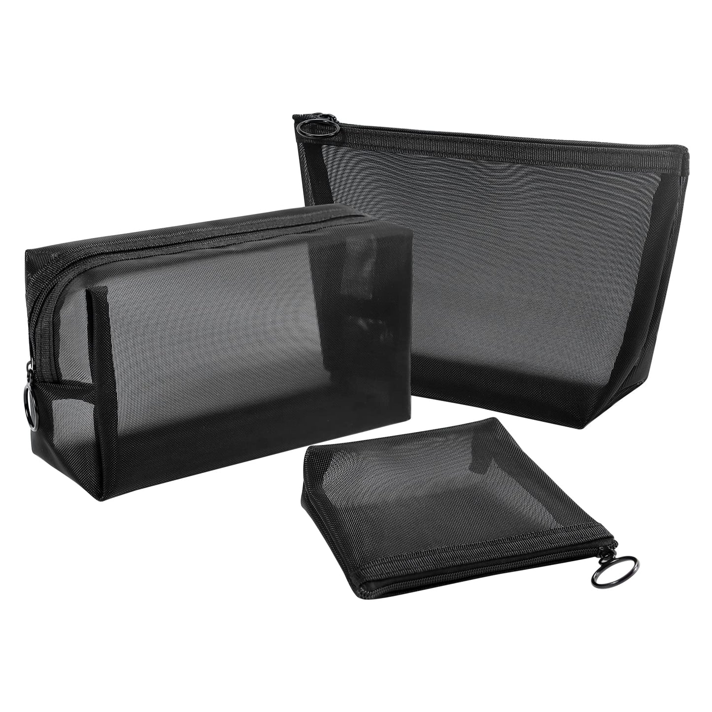 Aosbos 3-Packs Mesh Makeup Bag Set - Cosmetic Bags with Zipper, Small Pouch, Travel Purse, Portable Organizer Pouch for Toiletry Accessories, Black
