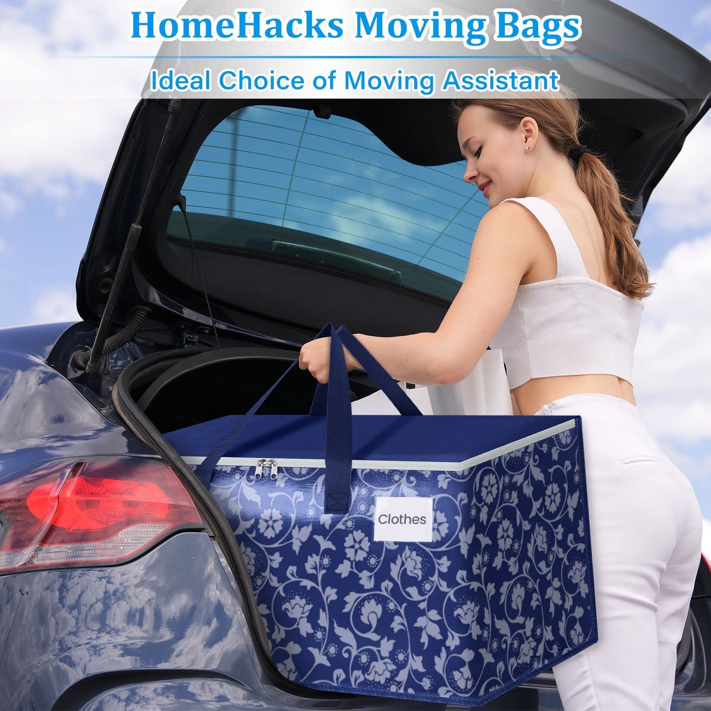 HomeHacks Moving Bags, Extra Large Size Moving Boxes, Heavy Duty Luggage Bags with Smooth Zipper and Sturdy Handles, Large Capacity & Easy Loading Storage Totes for Space Saver 88L, 4-Pack, Blue