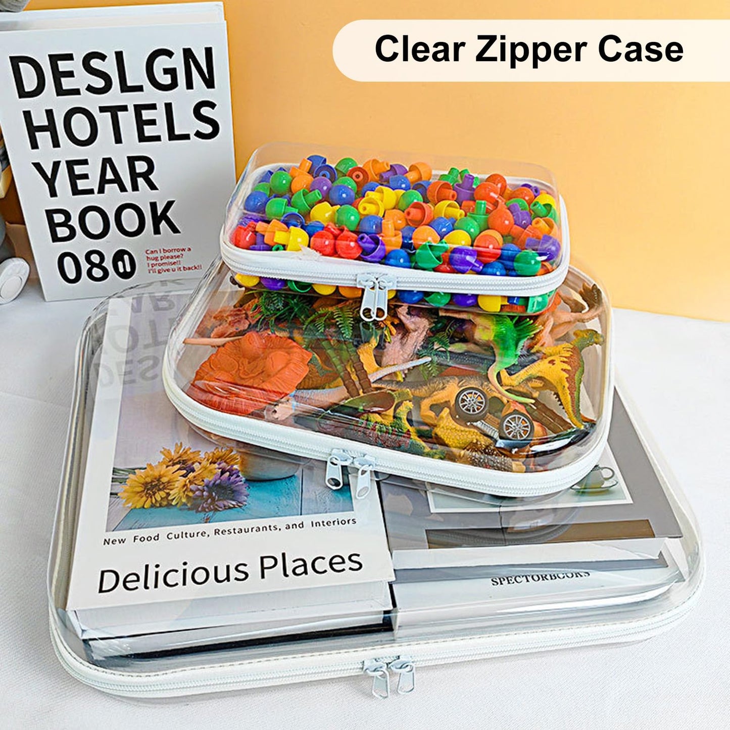 Calantre 3PCS Clear Hard Shell Zipper Cases, Portable Clear Organizer Pouches for Home Storage, Double Zippered Plastic Travel Case, Cosmetic Bag for Make Up Tools, Toiletries, Toy Storage(White)