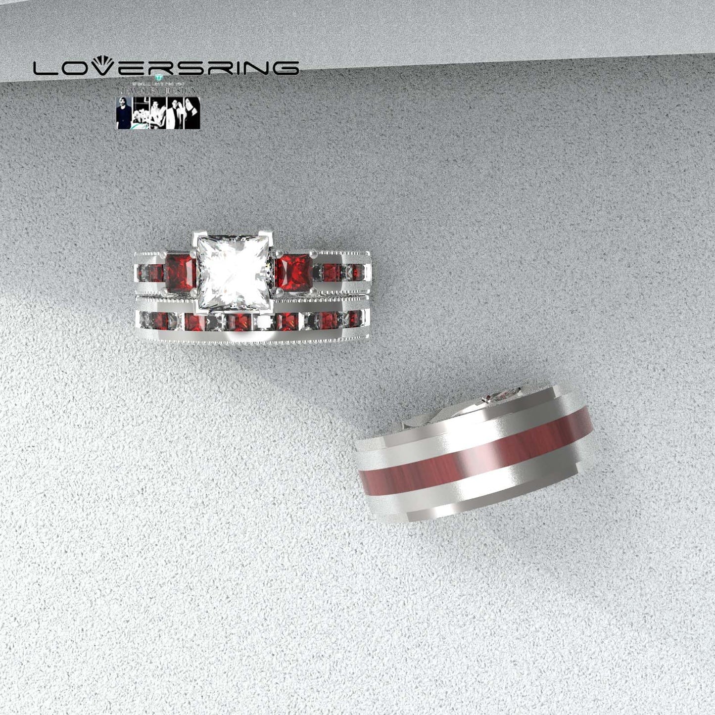 TWO RINGS Wedding Ring Sets His And Hers Promise Ring Couples Bridal Sets Women 925 Sterling Silver Red Ruby Man Titanium Brushed Finished Wedding Band