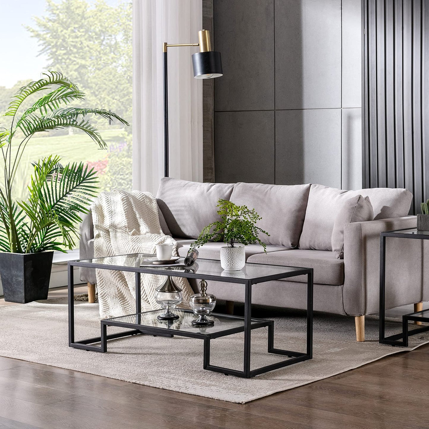 Metal Glass Coffee Table, Black Accent Modern Tempered Glass Side Table, Additional Storage Shelf, for Living Room Home Classy Furniture Office Decor