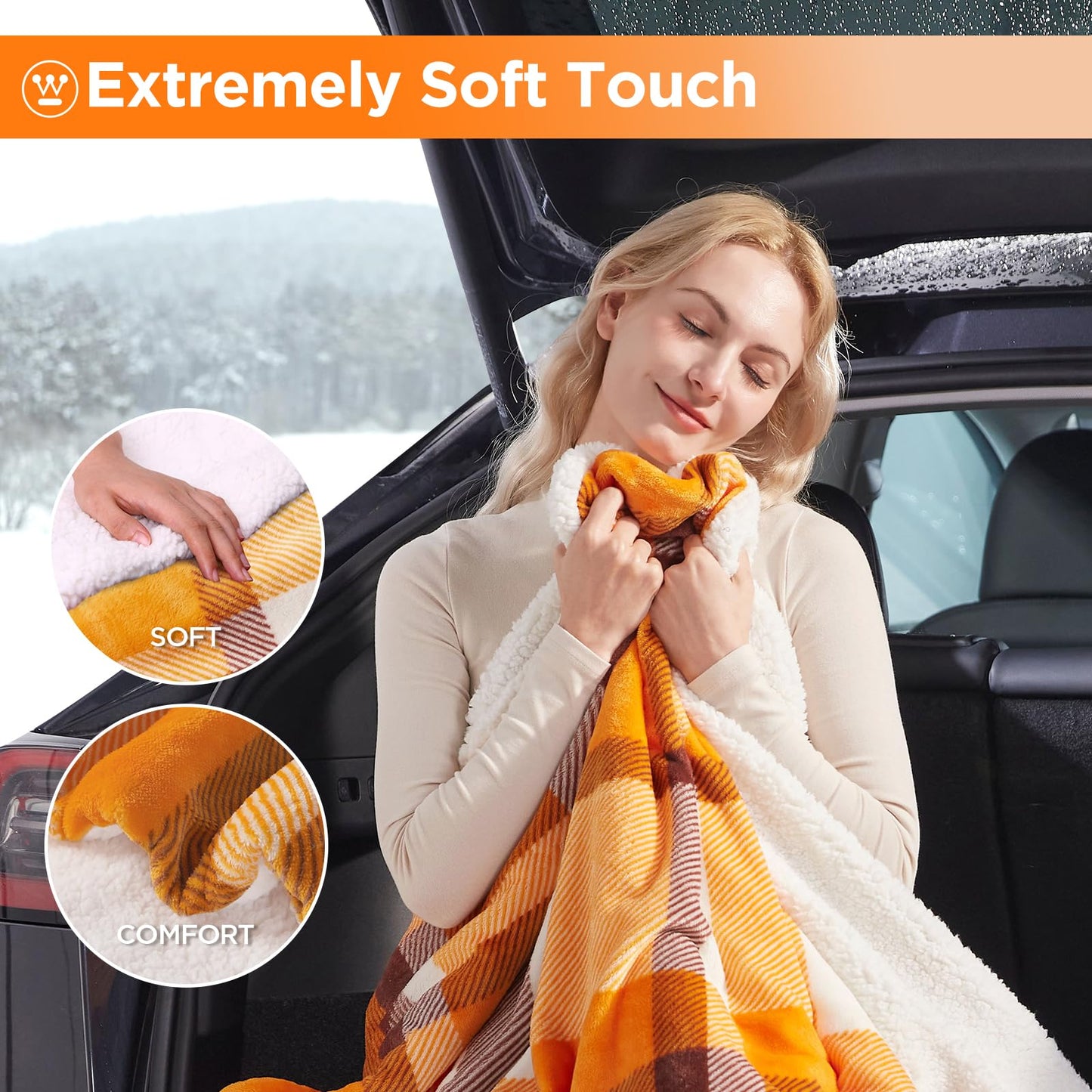 Westinghouse Heated Car Blanket, 12-Volt Electric Blanket for Car, Truck, SUV, RV, Portable Heated Throw for Camping, Grey Buffalo Plaid, 59" x 43”