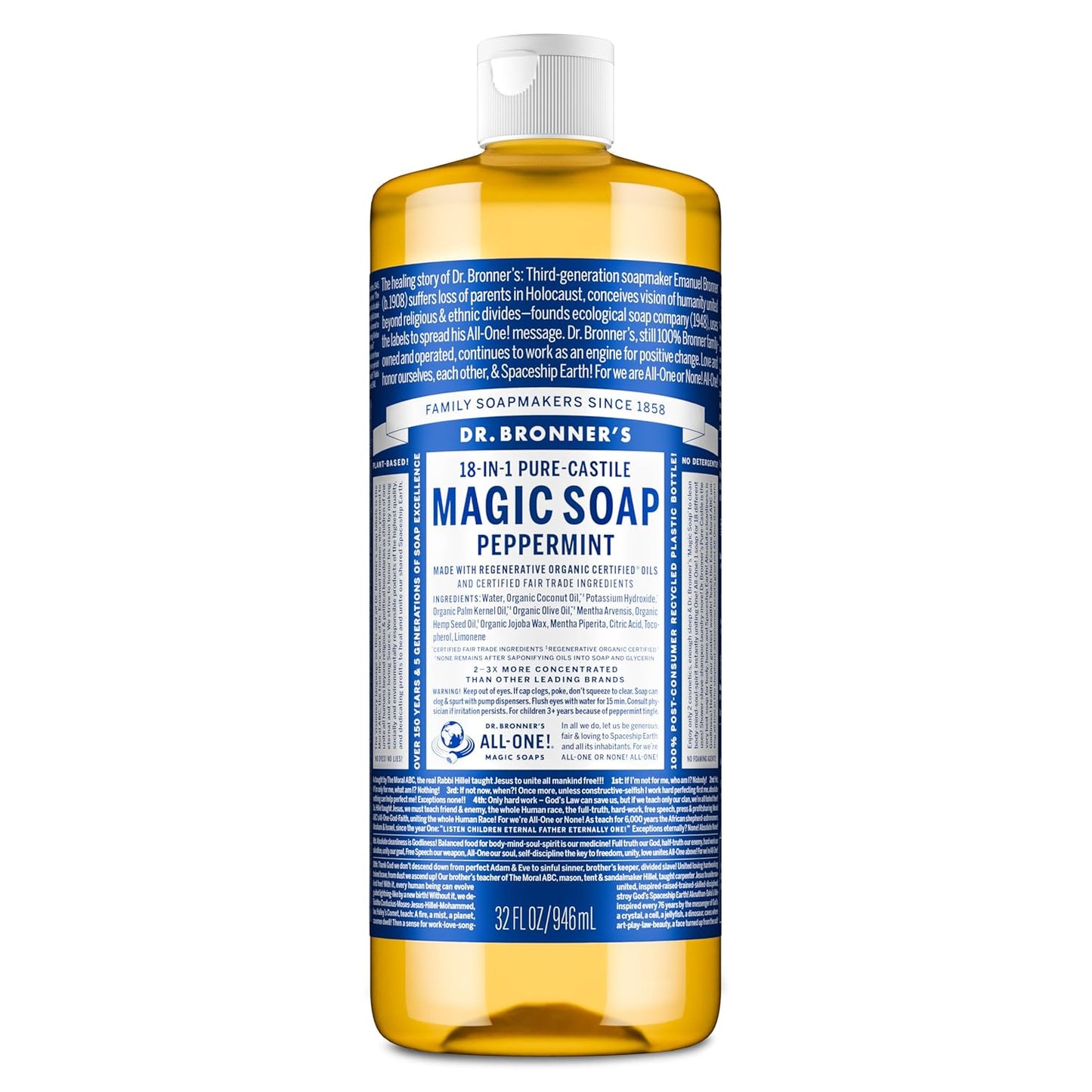 Dr. Bronner's 18-in-1 Pure-Castile Liquid Soap | Vegan Peppermint | 32oz