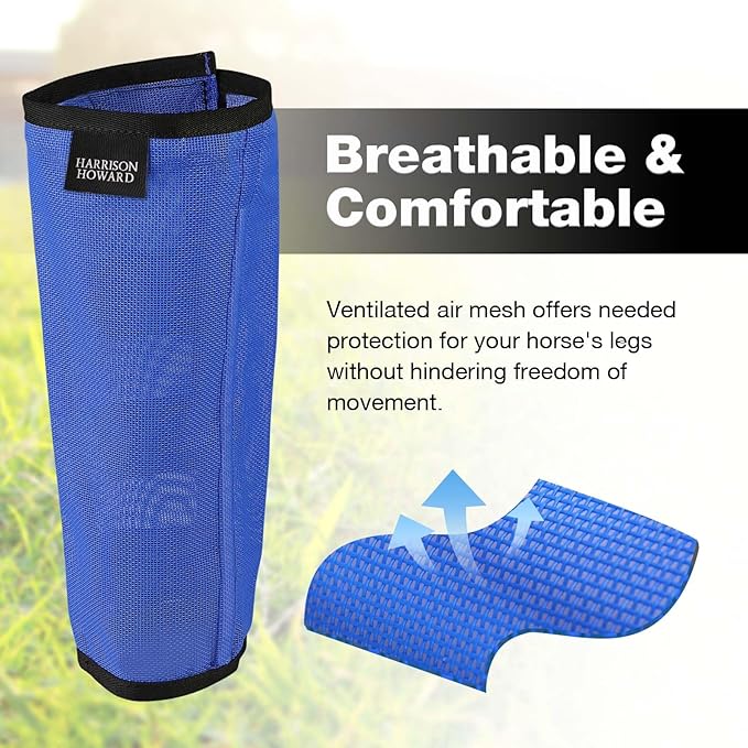 Harrison Howard Loose-Fitting Horse Fly Leggings Breathable, Tear-Resistant Fine Mesh Leg Guards Stay-on Comfortable Fly Boots (Set of 4) Blue Medium