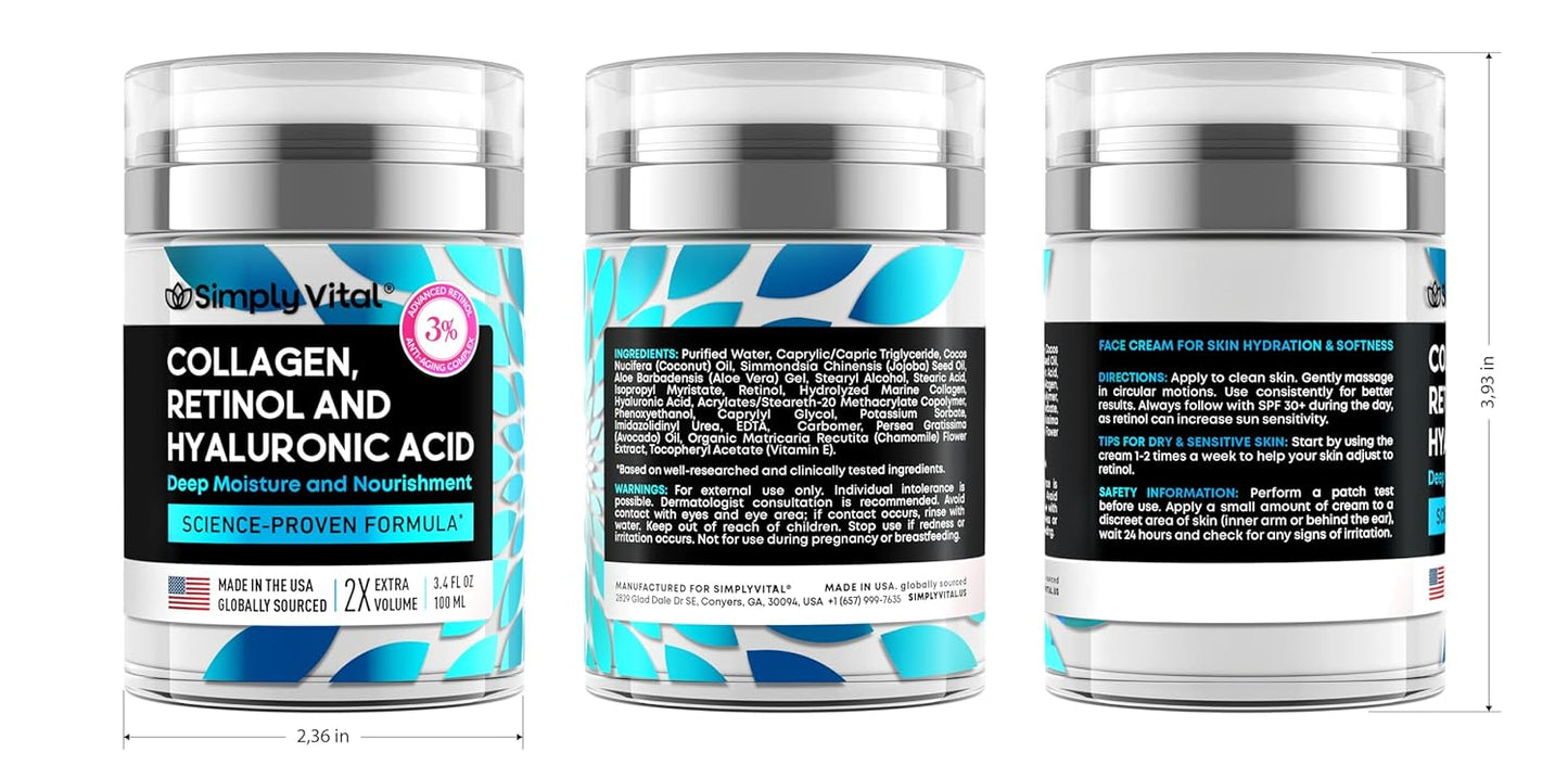 Anti-Aging Retinol Cream | Collagen & Hyaluronic Acid | Daily Moisturizer - 3.38 fl oz