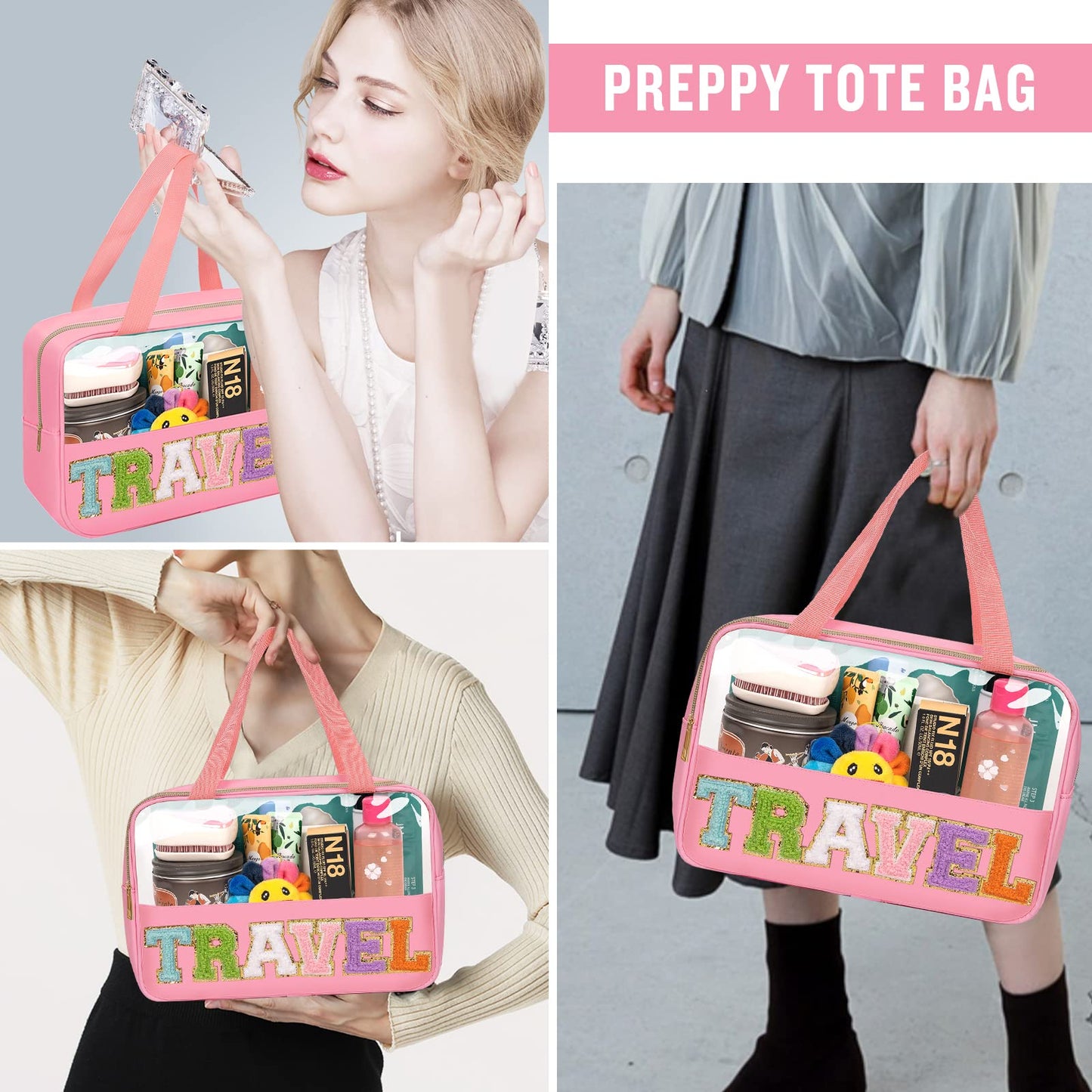 Preppy Clear Travel Makeup Bags with Chenille Letter Patches, Travel Essentials Large Clear Make up Bag Zipper Pouch with Handle, Waterproof Nylon Cosmetic Toiletry Storage Tote for Women(TRAVEL-Pink)