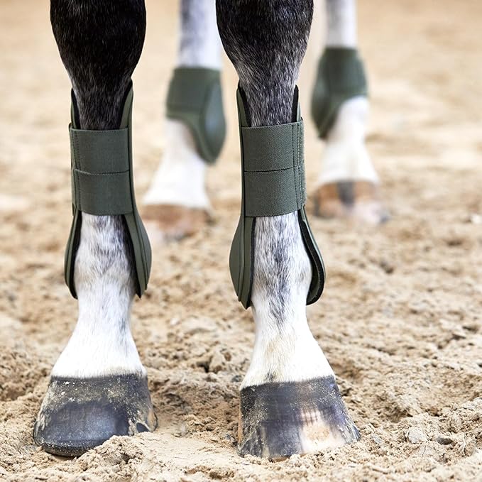 HORZE Adepto Open Front Tendon Boots | Durable Shell with Neoprene Lining - Beetle Khaki Green - Pony