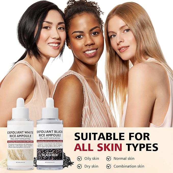 2PCS Rice Exfoliating Ampoule Set – Black & White Rice Brightening Duo for Glowing Skin | Gentle Peel + Pore Minimizing & Deep Hydration